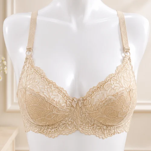 Golden Nude Lace Comfort Bra for Women front Golden Nude Lace Comfort Bra for Women
