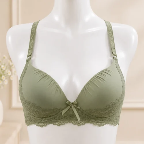 green bra front side Elegant Sage Green Lace Push-Up Bra